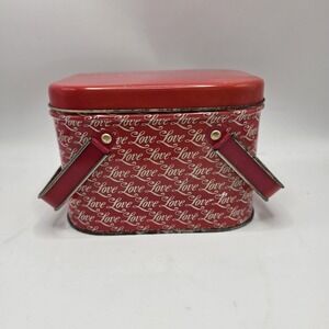 Love Script Red Metal Tin Basket Valentine Cottagecore Decor